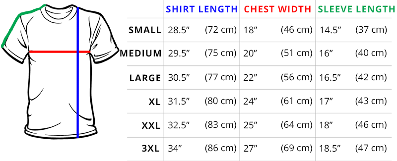 Size Chart for Custom Made T Shirts Agency