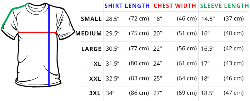 Size Chart (for Custom made) T Shirt Printing Dubai